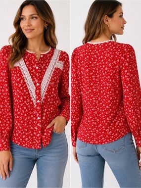 Red White Floral Lace Trim Button Front Blouse Size Medium
